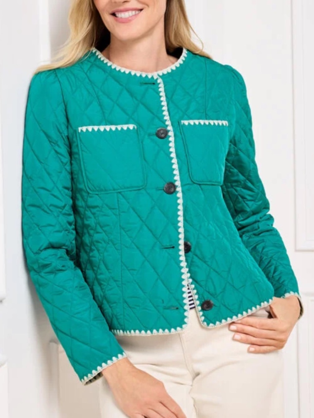 Talbots Women L Teal Patch Pockets Button Front Lightweight Quilted Jacket NWOT